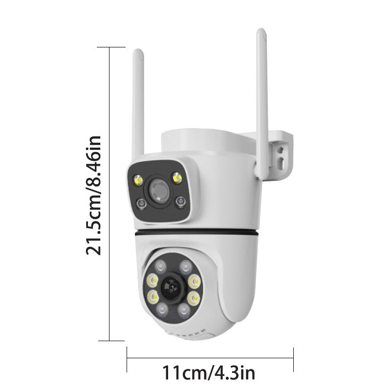 OIMLYO 4MP Dual Lens Wireless Security Camera features AI Smart Alert, 2.4G WiFi, Two-Way Audio, Full Color Night Vision, USB Powered, TF Card & Cloud Storage Support, Smartphone Compatibility, 1080p Resolution, ABS Material, and No Battery Needed.