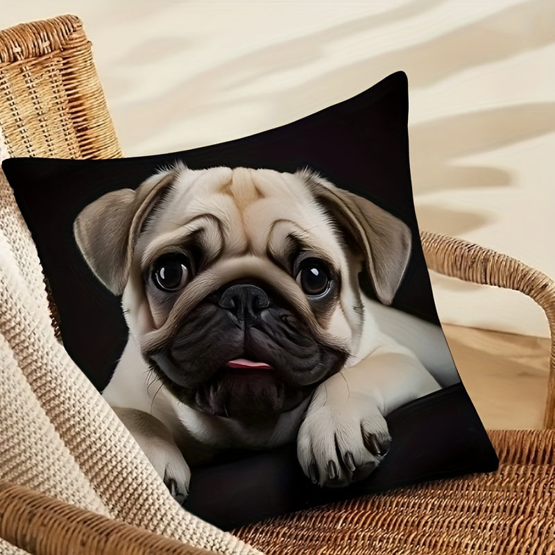 Double-sided throw pillow cover featuring an adorable pug design, measuring 44.96x44.96cm. Made of decorative polyester, this cushion case is ideal for the home and living room. A perfect gift for dog lovers and pug moms, this cover includes a zip