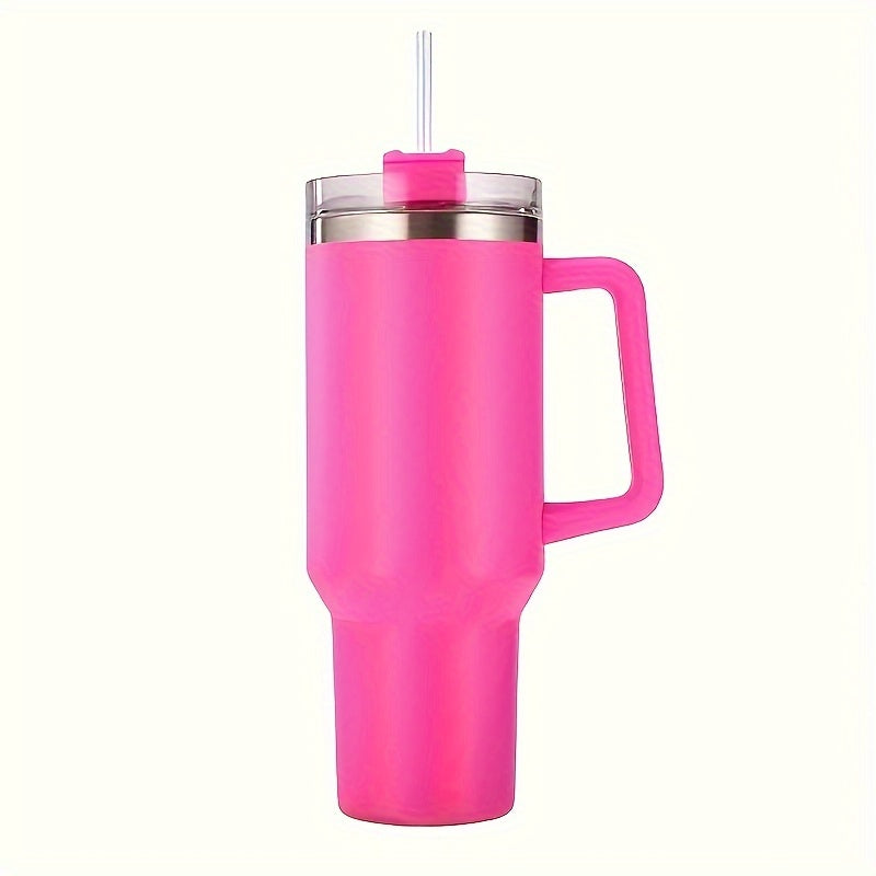 Stainless steel water bottle with handle, leak-proof, double-walled insulation for hot and cold drinks, BPA free, ideal for hikers.