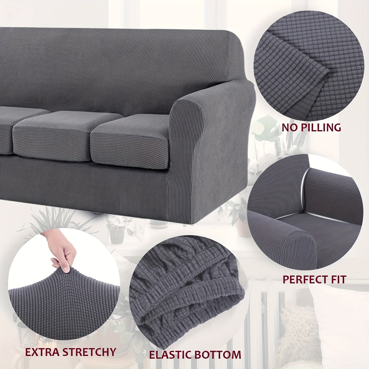 Soft sofa cover sets for bedroom, office, living room, or home decor. Available in 2, 3, or 4 piece sets. Stretchable and protective for couches and furniture.