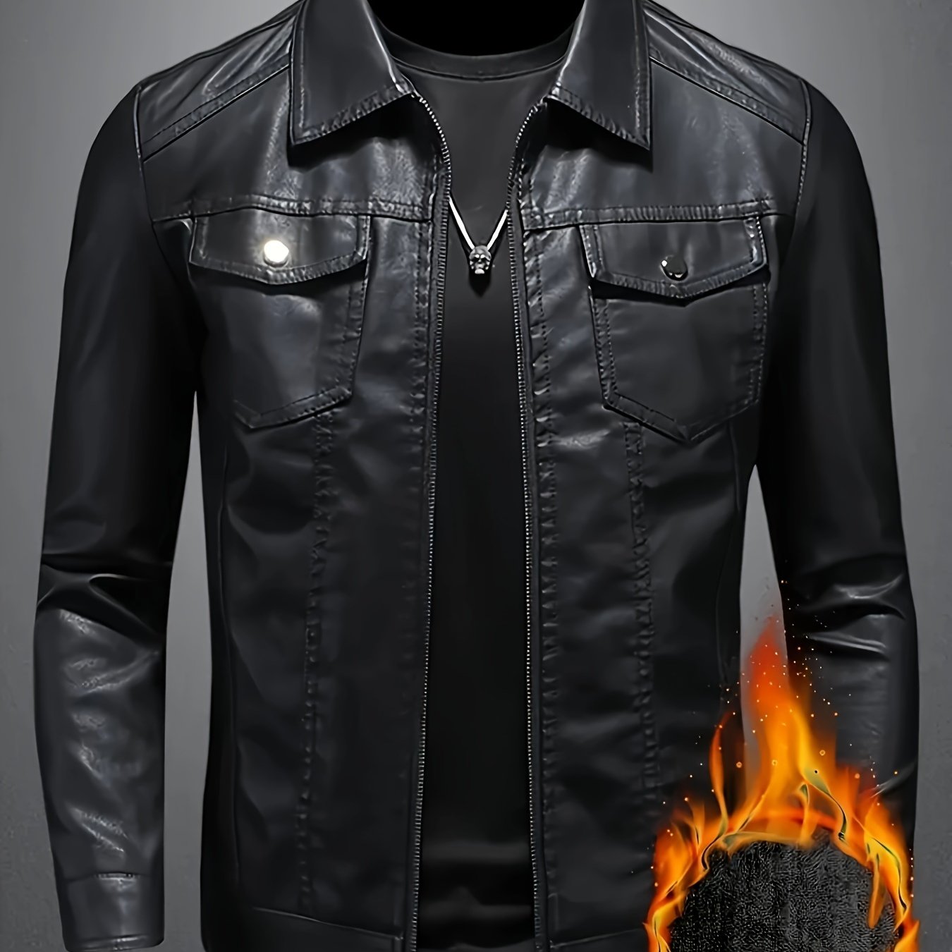 Men's Black Jacket with Fleece Lining - Zip-Up Collared Jacket for Fall and Winter