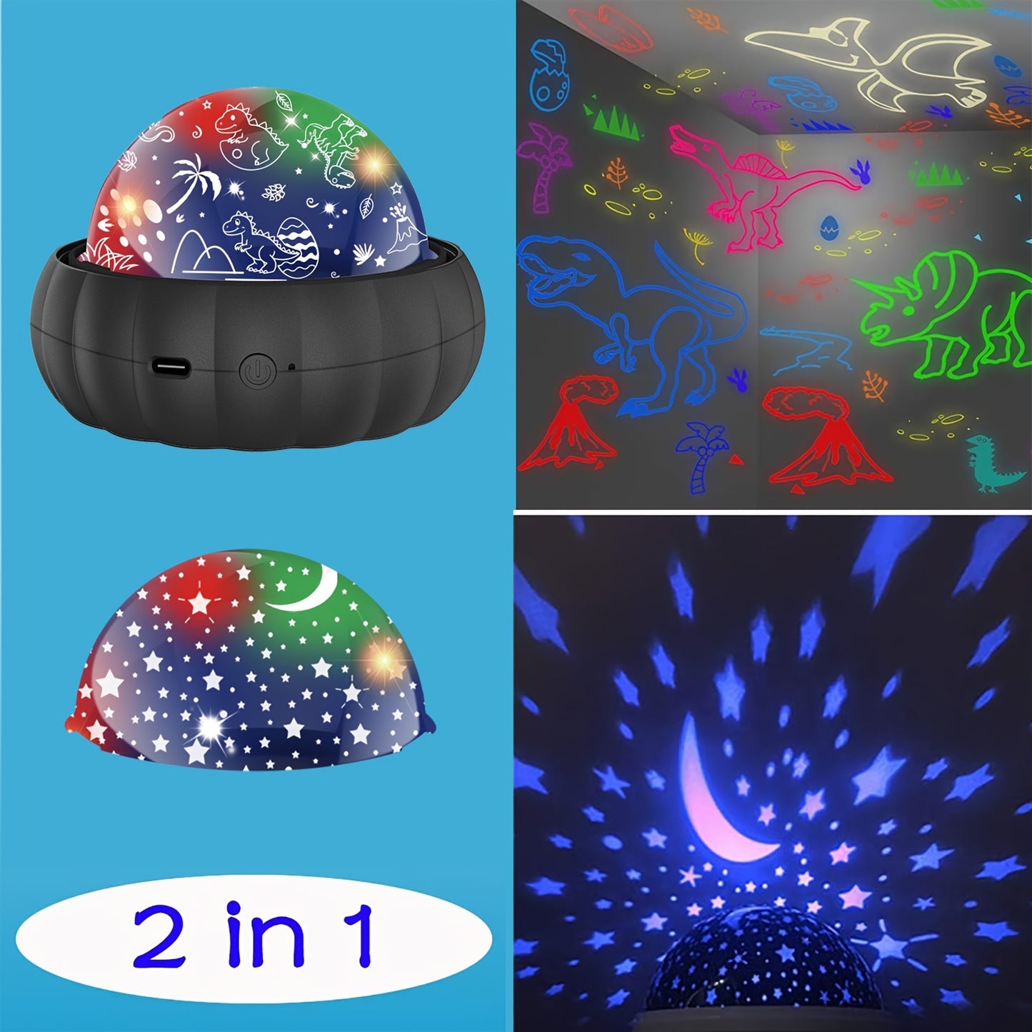 Star Projector Night Light with Dinosaur and Moon & Stars Galaxy Projection, 360° Rotation, Color Changing – Perfect Christmas Gift for Best Friend.