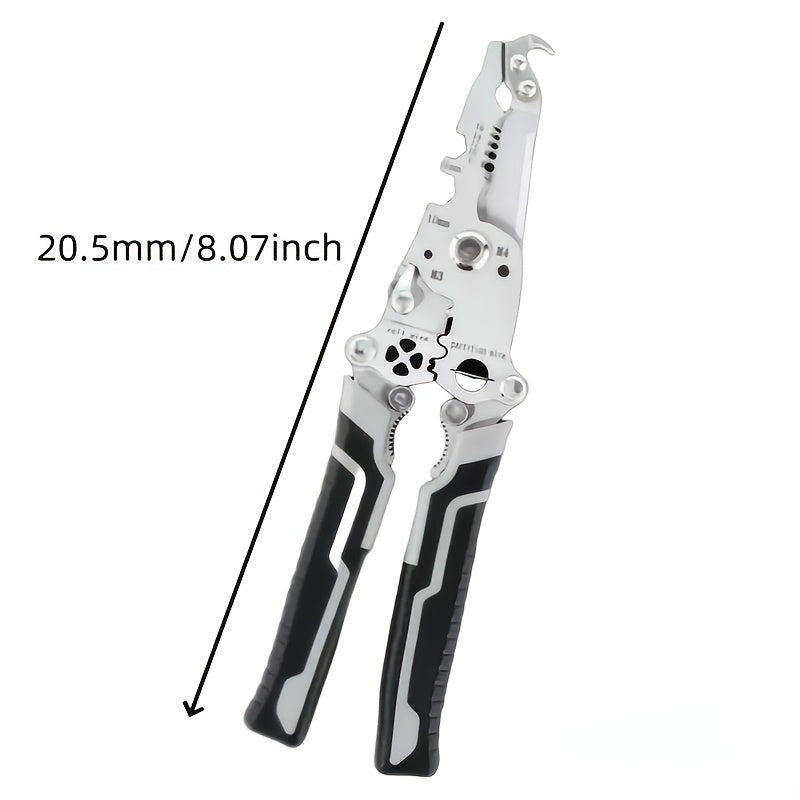 Multi-functional wire stripper tool for various tasks like stripping, cutting, wrenching, twisting, pulling nails, and using as a screwdriver. Features convenient storage and is ideal for