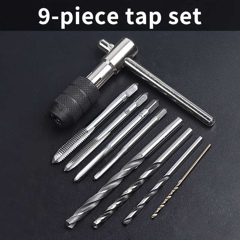 Single-item packaging 9-piece manual tapping set made of alloy steel, includes thread tap kit with t-handle wrench, suitable for M3-M12 size range. Ideal for threading metal, wood, and