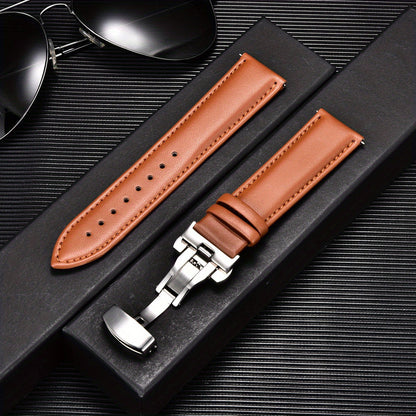 The perfect gift choice for men and women: Double Press Solid Butterfly Buckle PU Leather Strap in 18mm/20mm/22mm/24mm sizes.