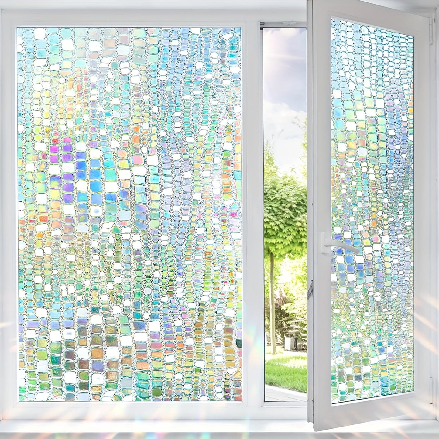 Decorate your home with the 1PC Privacy Window Film featuring a Stained Glass Rainbow design. This window cling provides privacy, blocks sunlight, and adds a 3D decorative touch to any room in your home. Perfect for bathrooms, living rooms, and more.