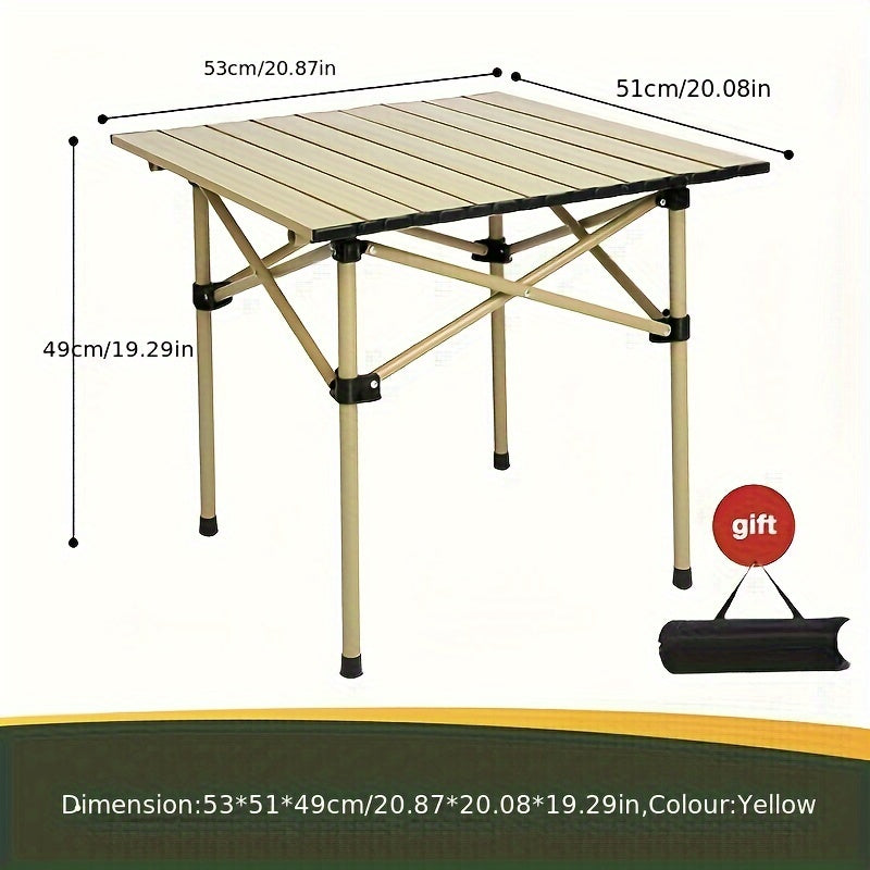 Portable, foldable outdoor table suitable for camping. Crafted from durable golden material in a convenient roll-shaped design.