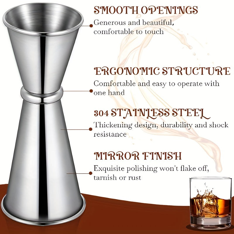 1pc double cocktail jigger, 2 oz/1 oz capacity, made of 304 stainless steel for bartending and home bar use. Silvery.