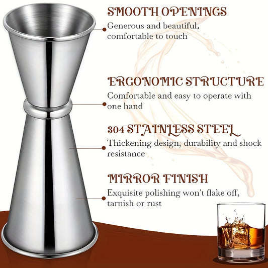 1pc double cocktail jigger, 2 oz/1 oz capacity, made of 304 stainless steel for bartending and home bar use. Silvery.