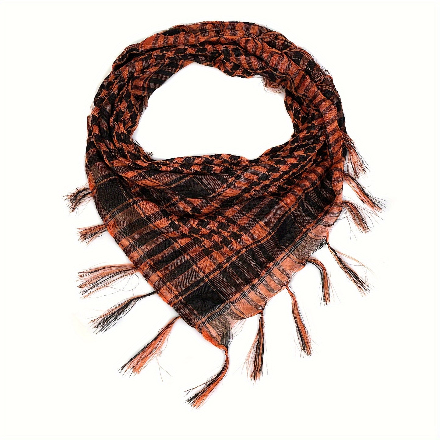 Lightweight Tactical Plaid Scarf - Windproof, Sand-Proof, All-Season Polyester Neck Warmer with Fringe Detail.