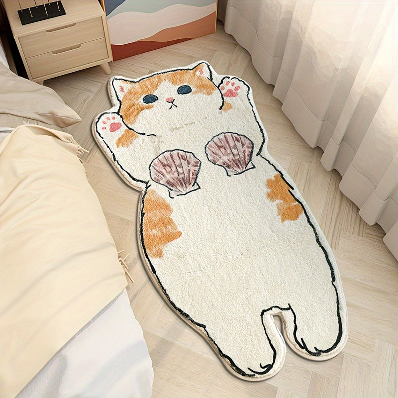 WhimsyCat Water-Resistant Cartoon Cat Floor Mat - 1 Piece, Made of Polyester Fiber with Rubber Backing, Non-Slip, Machine Washable, Unique Irregular Shape for Indoor Bedroom Use