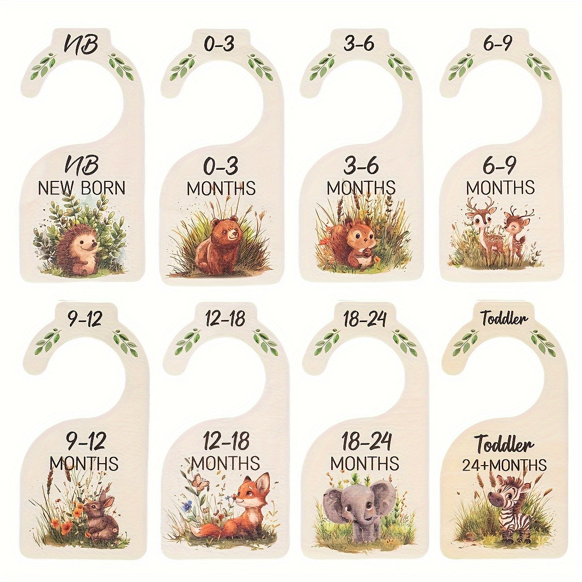 8 wooden closet dividers featuring cute animal themes for organizing clothes in a wardrobe for 24 months.