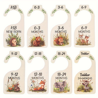 8 wooden closet dividers featuring cute animal themes for organizing clothes in a wardrobe for 24 months.