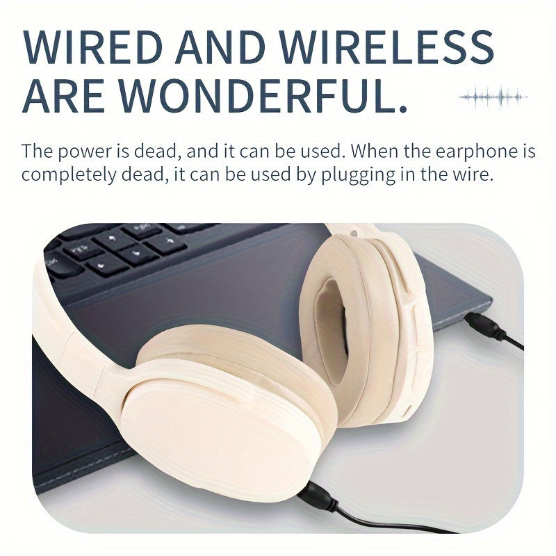 Foldable wireless headphones with stereo sound, passive noise-cancellation, long-lasting battery, and USB charging in light blue/beige/pink/white/black. Comfortable padded ear cups ideal