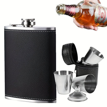 8oz stainless steel flask set with leather wrap, 4 cups, and funnel. Leak-proof for whiskey, rum, and vodka. Perfect gift for men and women.