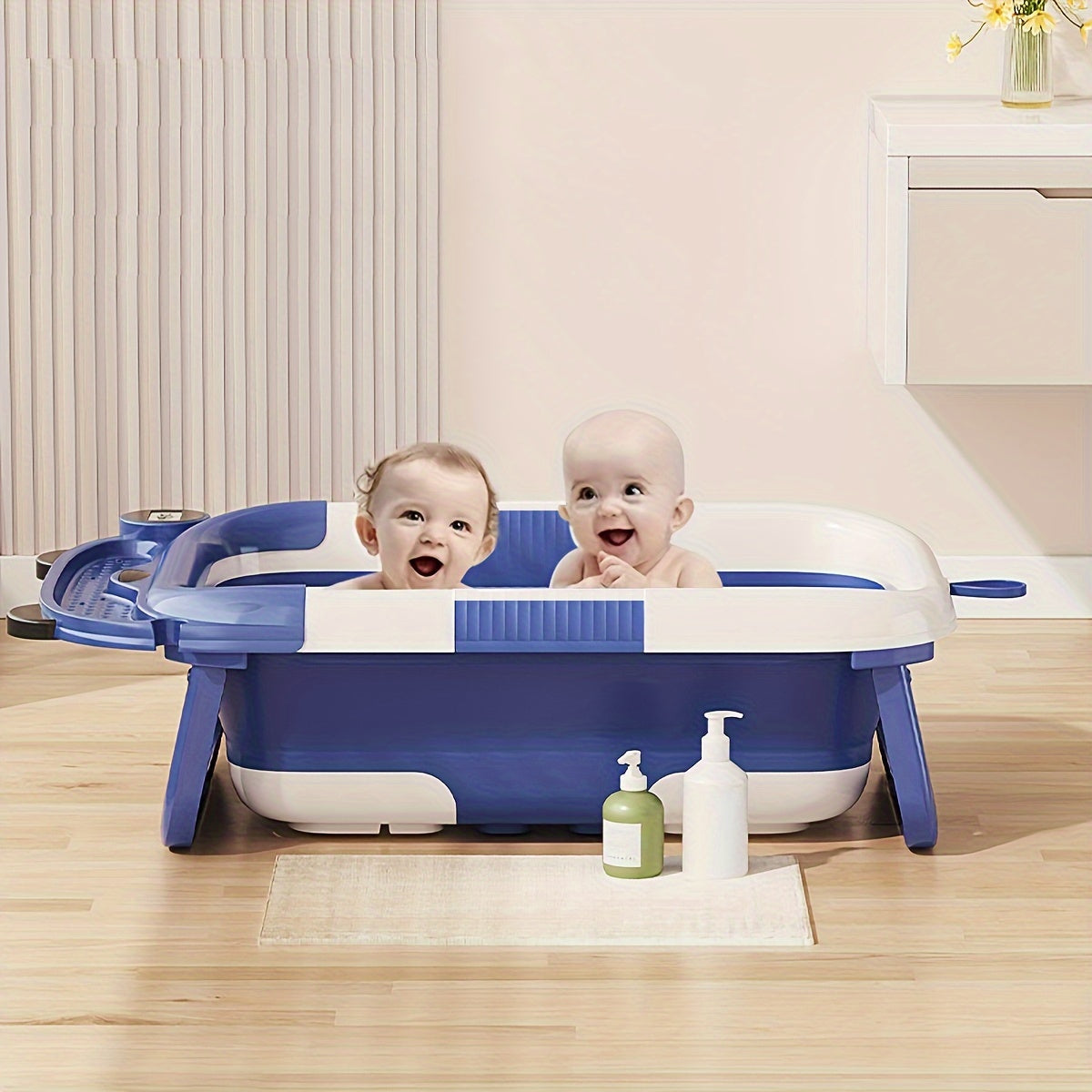 1-Piece Home Bath Basin Set with Foldable Bathtub and Temperature-Sensitive Bath Mat, Convenient and Portable for Compact Storage