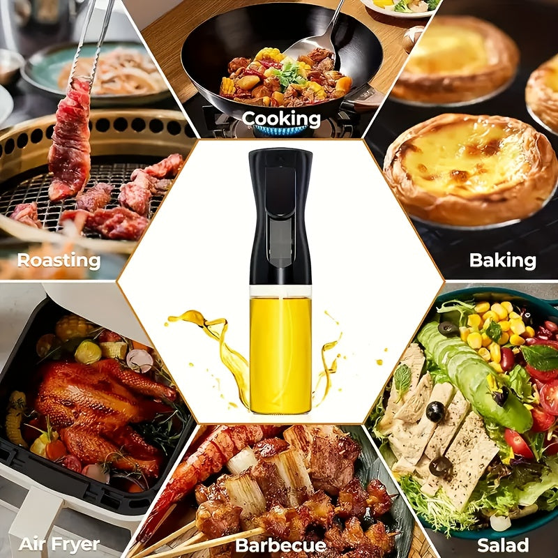 Plastic oil sprayer bottle with dual-function pour and spray, leak-proof olive oil dispenser.