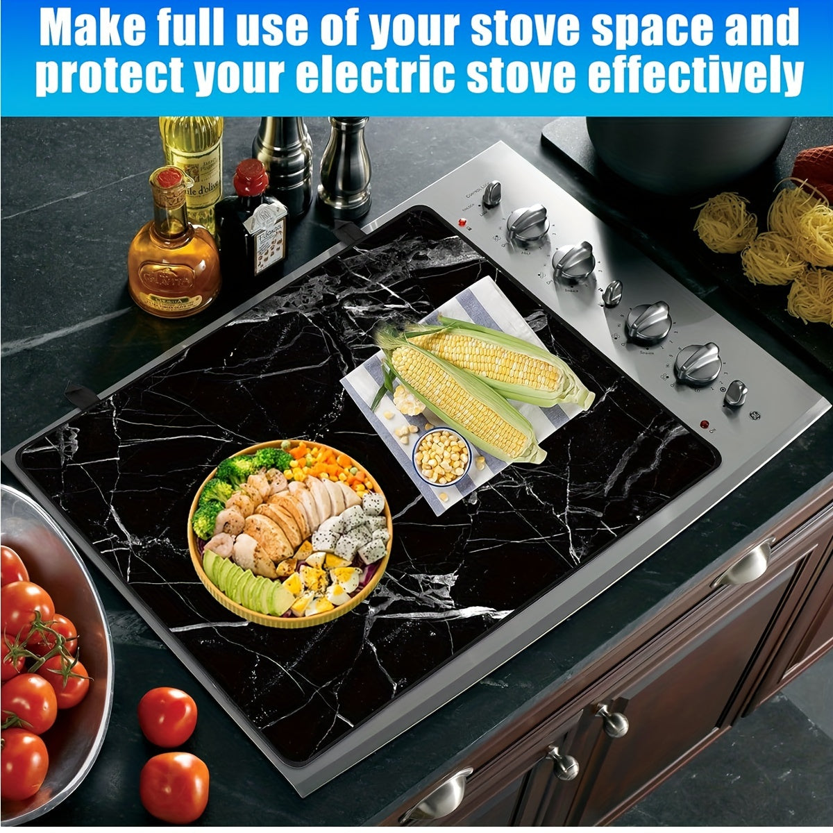 Protect your electric stove with this sleek Black Marble Stove Top Cover. Measuring 72.39x52.07cm, this heat-resistant glass protector is dishwasher safe and made from natural rubber. Perfect for your kitchen and dining area.