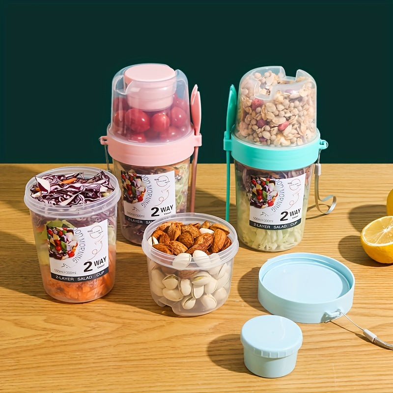 BPA-Free salad cup with fork and dressing compartment for on-the-go healthy eating.