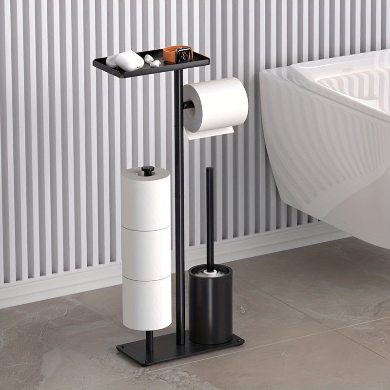 Freestanding toilet paper holder with storage rack and brush, efficient space-saving organizer