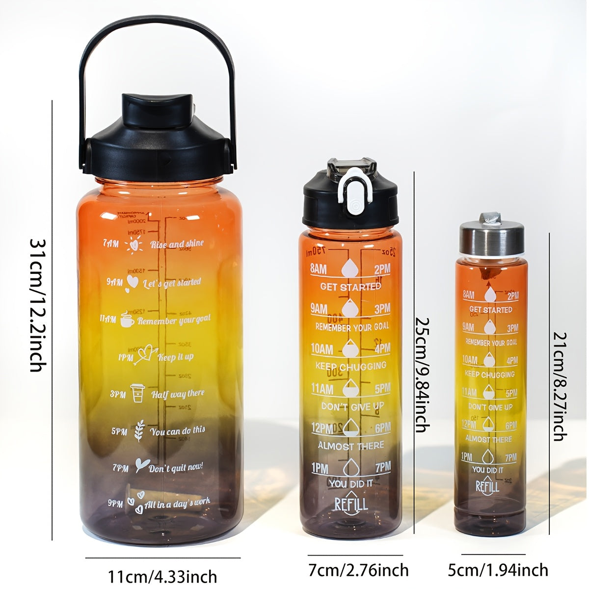 Water bottle set: 3 gradient bottles - 2000ml, leakproof, hand wash only. Ideal for hiking, camping, fitness. PVC-free. Great for holidays.