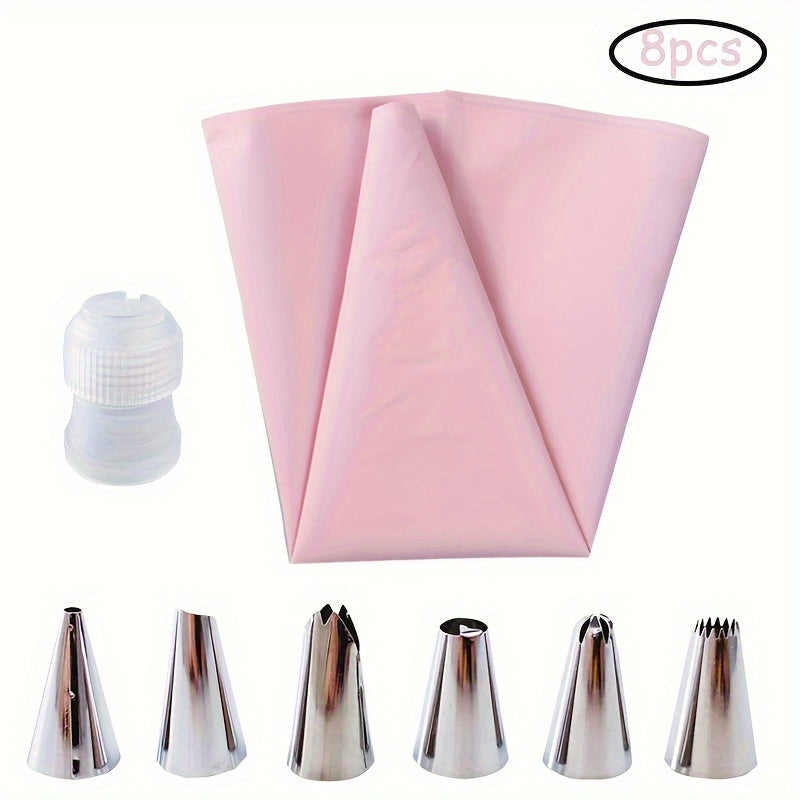 This set includes 8 pieces of Weluvfit Silicone Icing Piping Bags, featuring reusable pastry piping bags with 6 stainless steel nozzles. The DIY cake decorating supplies kit includes 6 nozzles, 1 pastry bag, and 1 white converter. It is easy to use and