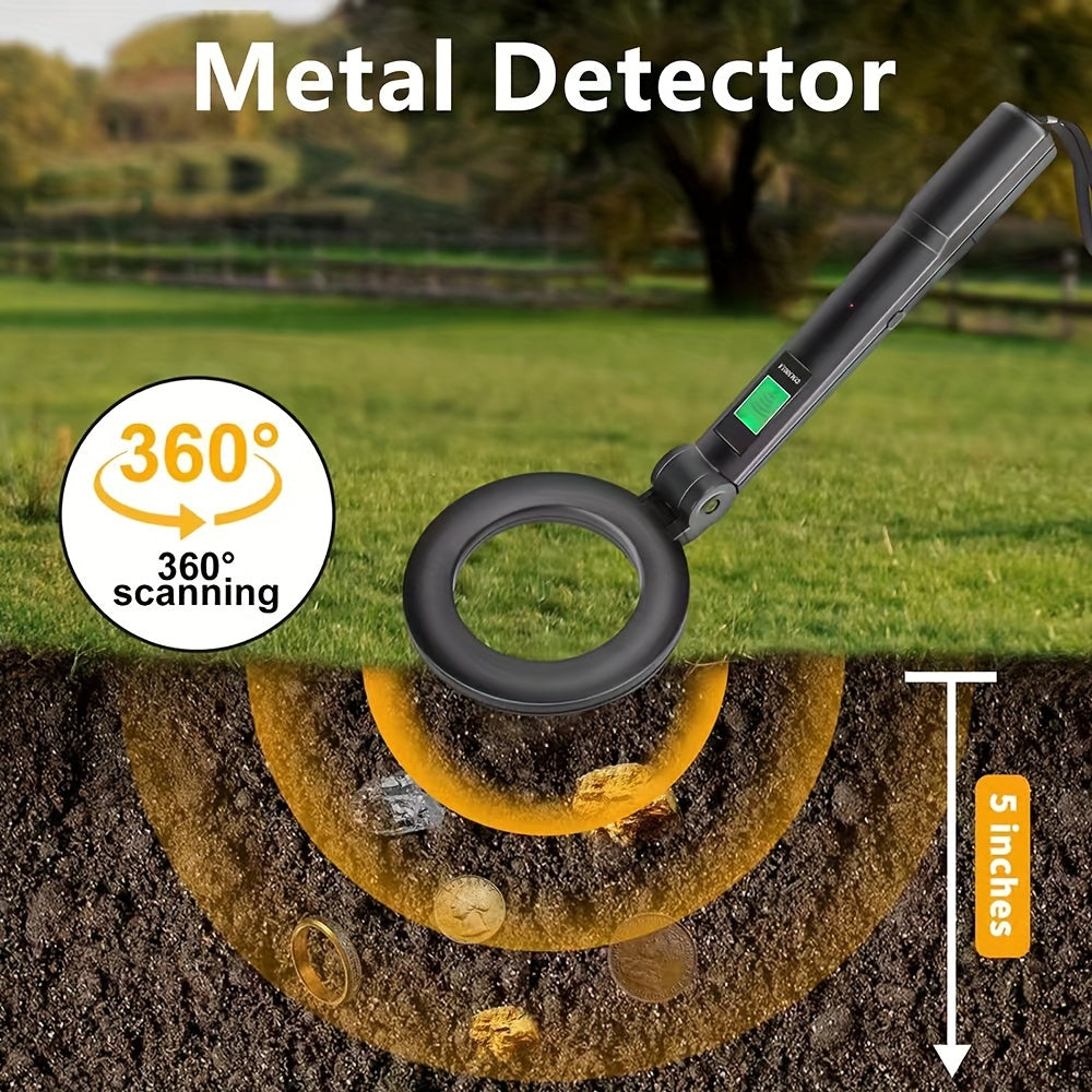 Portable handheld metal detector with high sensitivity, 360° swivel coil, LCD alarm, and battery-powered security check device. Battery not included.