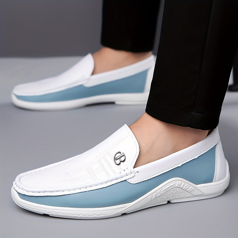 Men's trendy color block slip-on loafers with microfiber upper and durable non-slip rubber sole, perfect for daily wear.