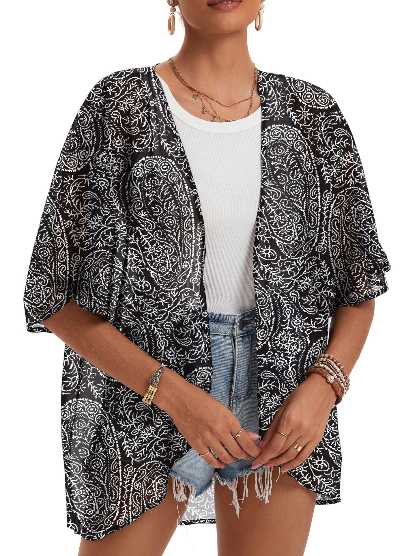 Women's plus size casual chiffon floral cardigan for beach cover up