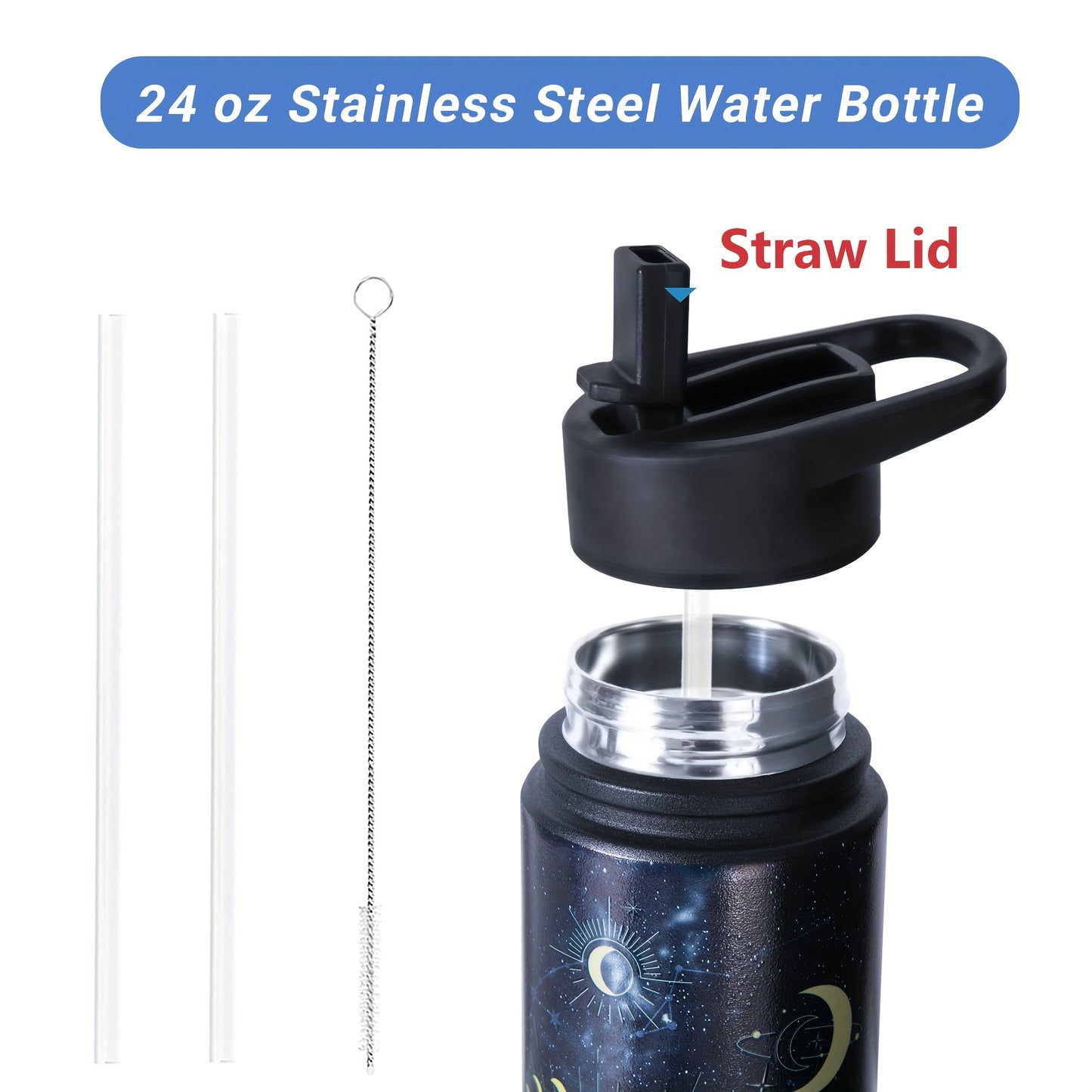 1pc Stainless Steel Zodiac Water Bottle with Lid, Straw, and Double Wall Vacuum Insulation - Ideal for Travel, Outdoor Activities, or as a Birthday Gift. Great for Halloween parties or as room decor.