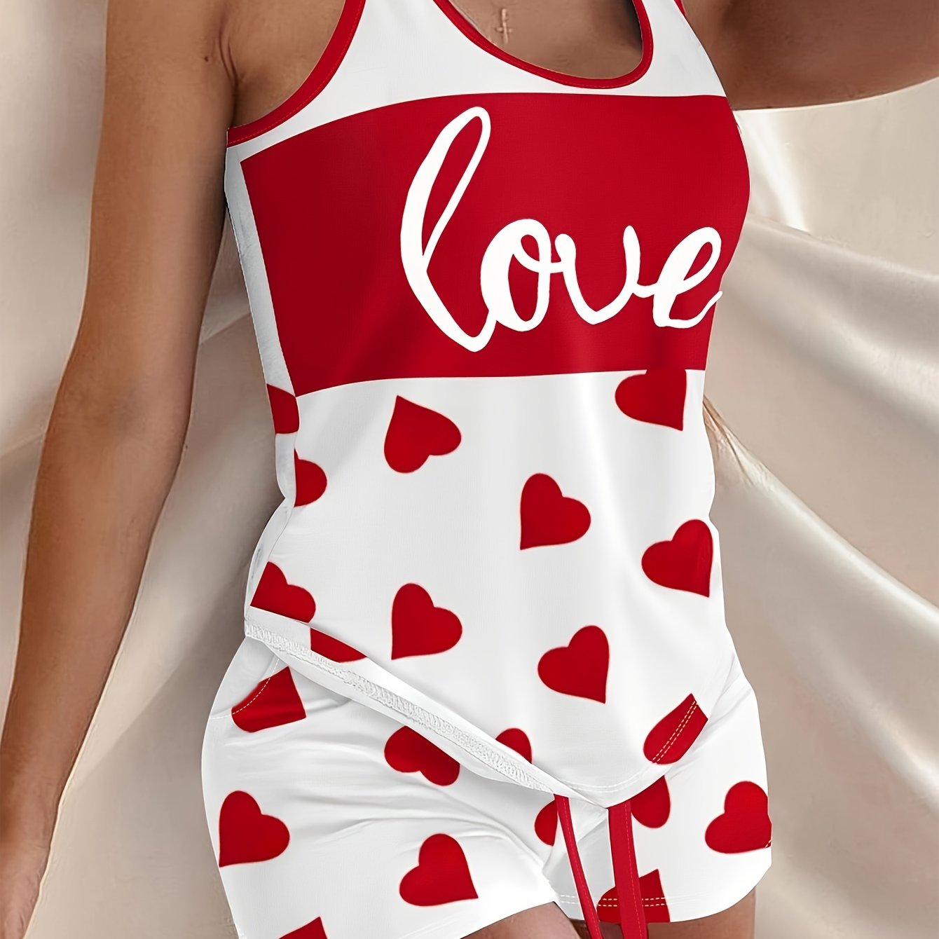 Heart and letter print pajama set including crew neck tank top and drawstring shorts for women's loungewear.