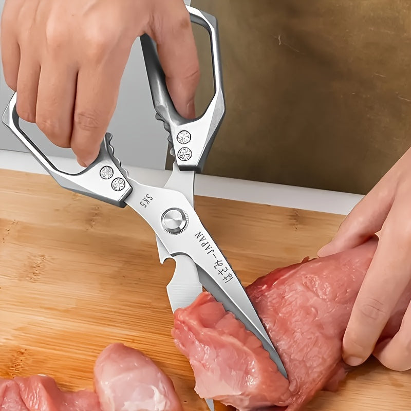 This durable stainless steel kitchen scissor is tough enough to cut through chicken, duck, and fish bones with ease. Its sharp blades make it perfect for cutting chicken, poultry, fish, and meat in the kitchen.