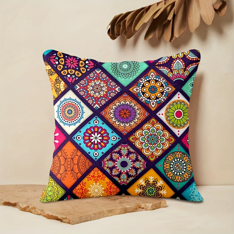 Mandala Pillow Cover in Bohemian Style, Size 44.96x44.96cm - Features Vibrant and Stylish Double-Sided Design for Sofa & Bed Decoration | Made of Machine Washable Polyester Material | Ideal for Weddings, Birthdays, and Holidays