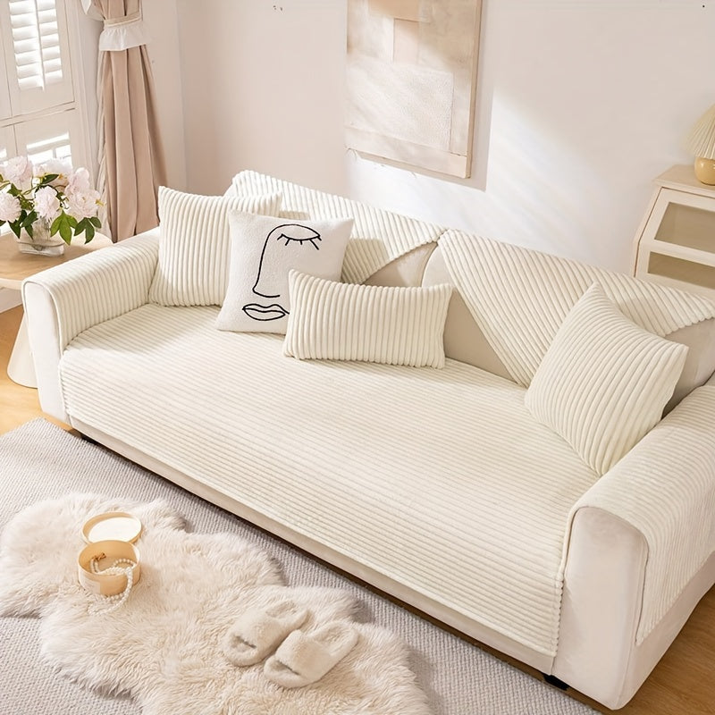 Thick plush sofa cover with stripes for winter, non-slip and anti-dirty. Modern style for home protection and decoration.