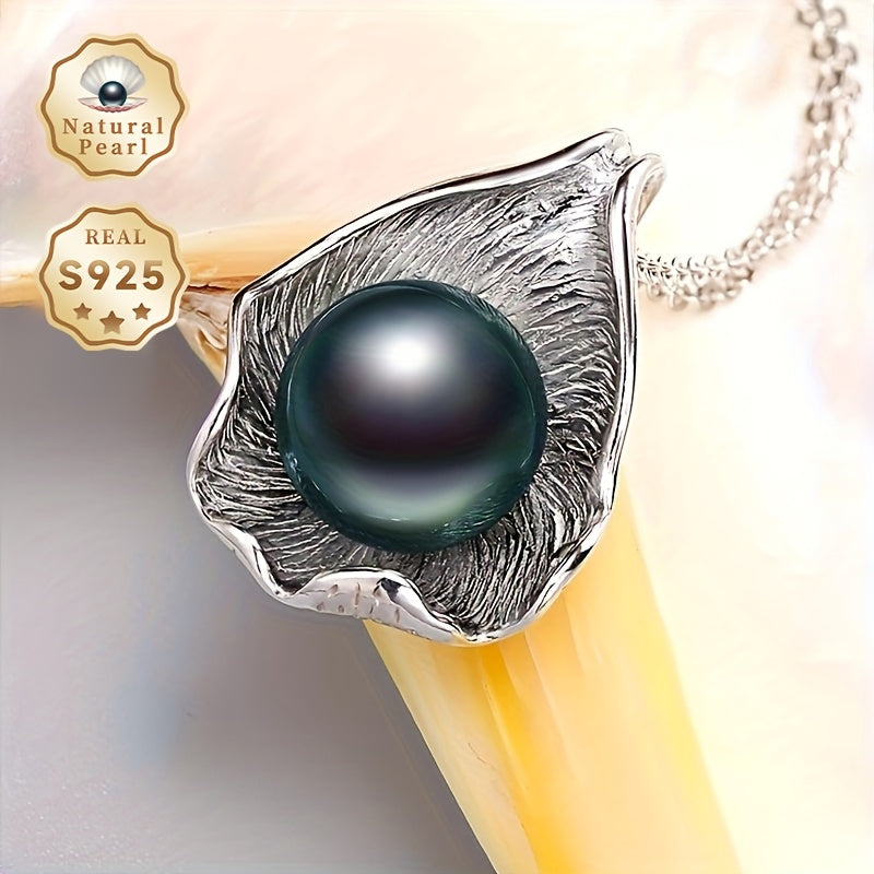 Elegant MUFAN Vintage Tahitian Black Pearl Pendant Necklace with Sterling Silver Leaf Design - Perfect for June Birthdays and Everyday Wear. This authentic ocean-inspired piece makes a great gift!