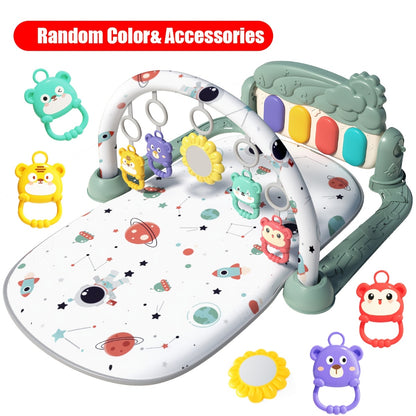 Musical baby gym play mat with piano and hanging toys, perfect for newborns. Features interactive lights and sounds, ideal gift for holidays. Assembly required. Made of polyester fiber.