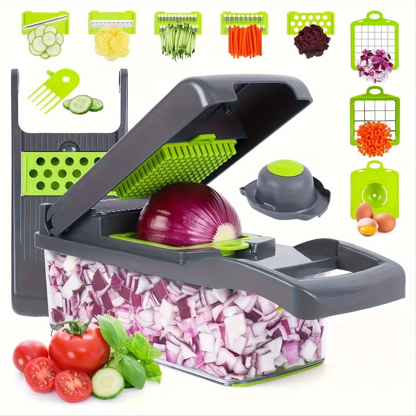 One kit containing a 13-in-1 Vegetable Chopper and Fruit Slicer with 8 blades and a container. This multifunctional manual tool can grate food, slice vegetables and fruits, mince onions, shred potatoes, and more. A must-have kitchen gadget for easy food