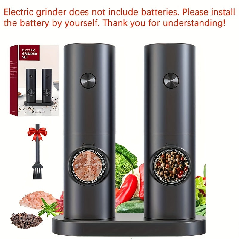 The YumiPLUS Electric Salt & Pepper Grinder Set features automatic operation, adjustable coarseness, and convenient one-handed use. This stylish set also includes an LED light, decorative base, and runs on AAA batteries.