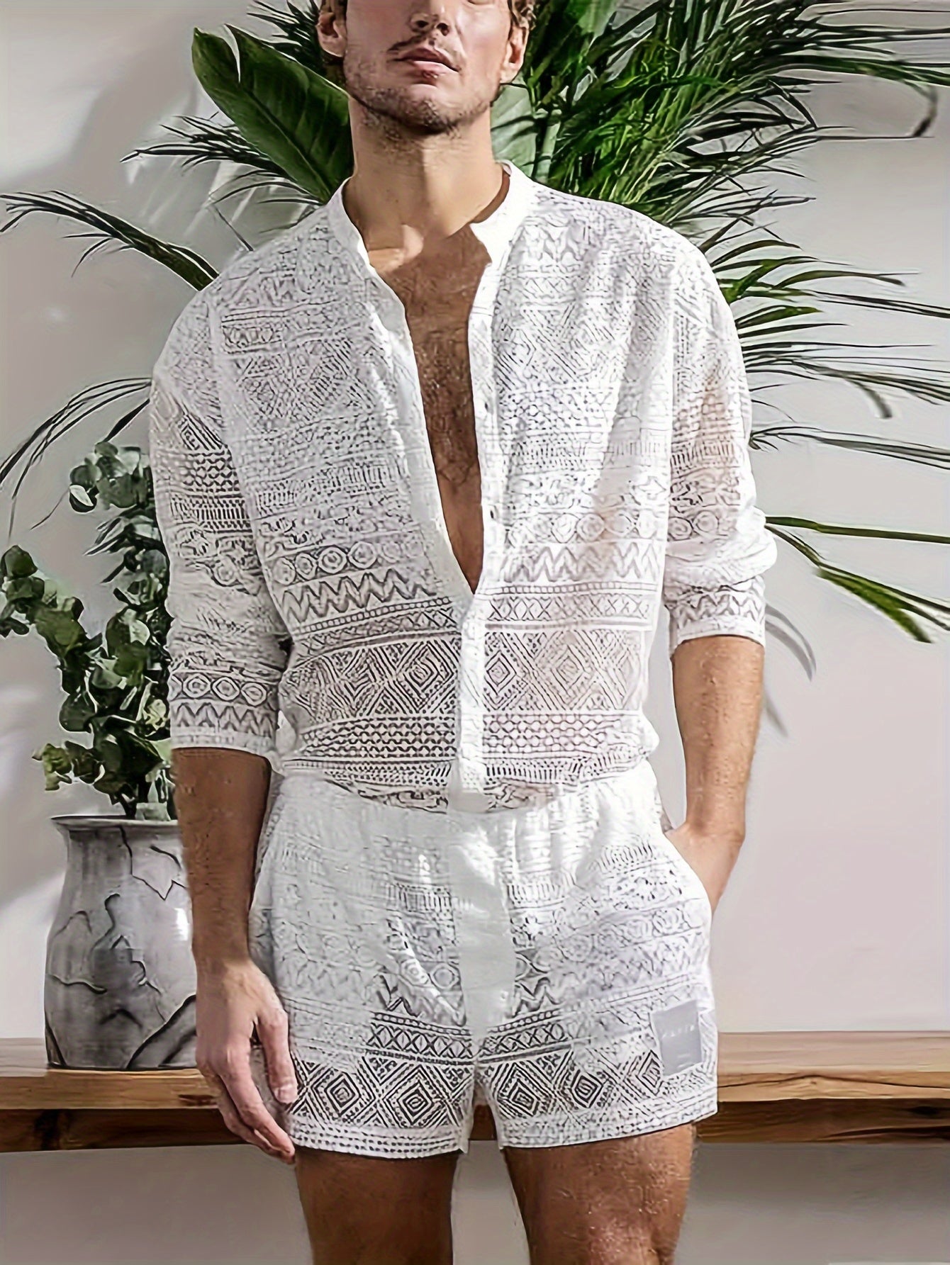 Men's lace sheer shirt + shorts set for beach and night club, perfect for summer.