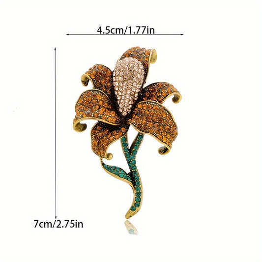 This elegant and fashionable Vintage Lily Flower Rhinestone Brooch is a luxurious piece of flower jewelry that complements any outfit. Versatile and neutral, it pairs well with different clothing styles and is perfect for weddings and formal occasions.