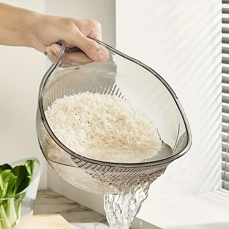 Versatile rice washing strainer basket made of durable plastic for draining and rinsing grains, fruits, and vegetables without needing electricity.