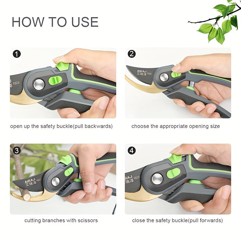 AIRAJ Pruning Shears: Professional Grade with Sk5 Steel Blade, Safety Lock, Ergonomic Grip, Adjustable Opening, Non-Slip Handles.