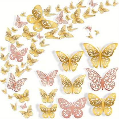 72 Golden & Rose Glitter 3D Butterfly Wall Stickers for Wedding, Birthday Party, Girls Bedroom - Lodge Style Cartoon Family Theme, Reusable, Self-Adhesive