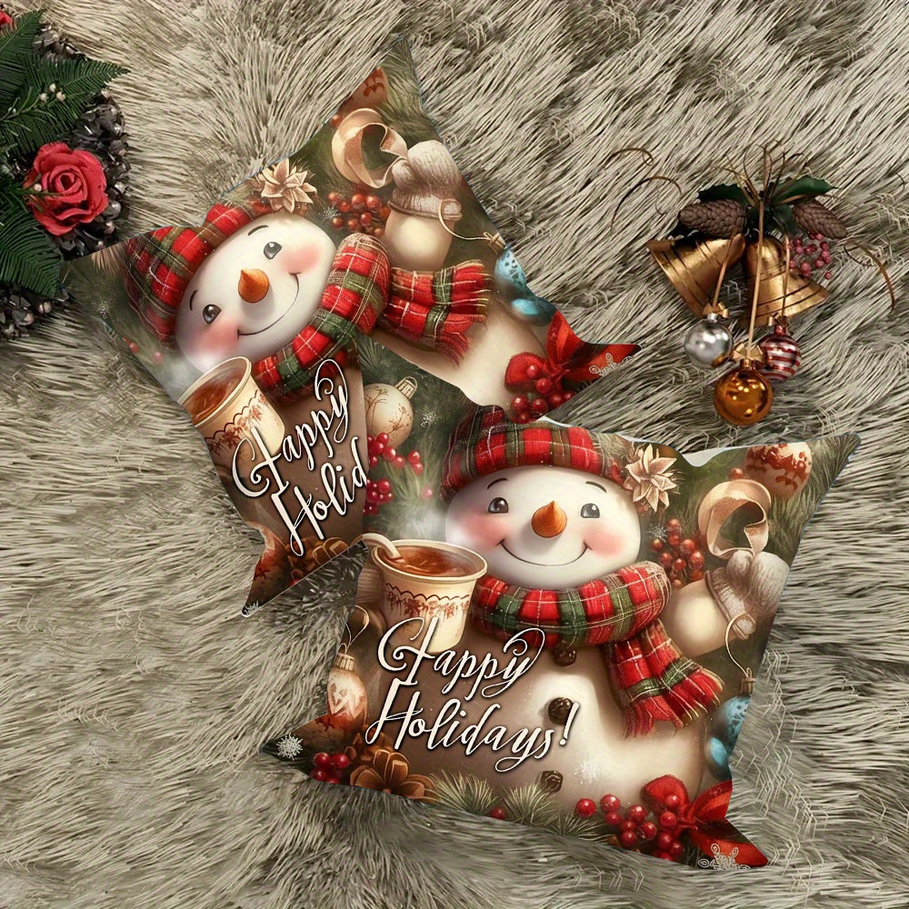 Set of 2 Christmas Snowman Throw Pillow Covers, 18x18 inches, made of durable Polyester Blend material. Easy to clean with machine washable feature. These festive Woven Square Cushion Cases are perfect for adding holiday spirit to your sofa and bedroom.