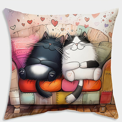 Cartoon cat print linen throw pillow cover, 44.96cm x 44.96cm - machine washable, zipper closure, woven polyester decorative case for sofa, living room, bedroom - single piece.