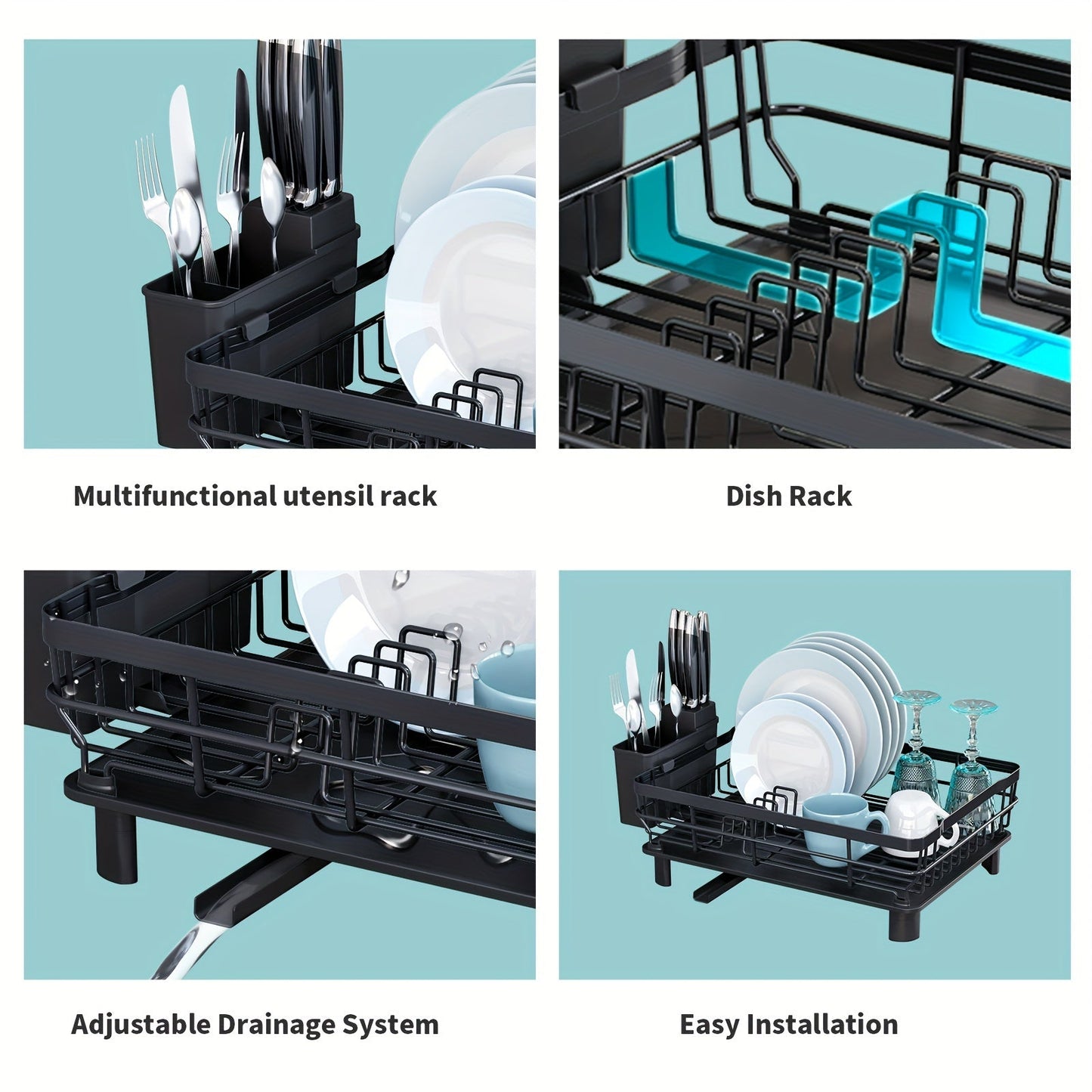 Large black dish drying rack with drainboard, adjustable spout, utensil holder, and knife slots. Perfect for organizing your kitchen counter, made of durable metal and plastic. Ideal dish drying rack for your kitchen counter.