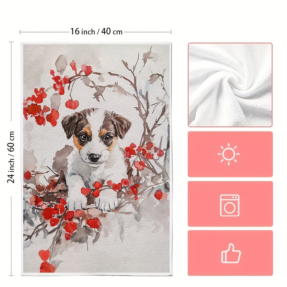 Set of 2 Ultra Soft Kitchen Towels featuring Cute Valentine's Puppy & Red Berries Design, with High Absorbency for Drying Dishes. Machine Washable, Modern Style, 40.64x60.96 cm - Ideal for Holiday Decor and Kitchen Use