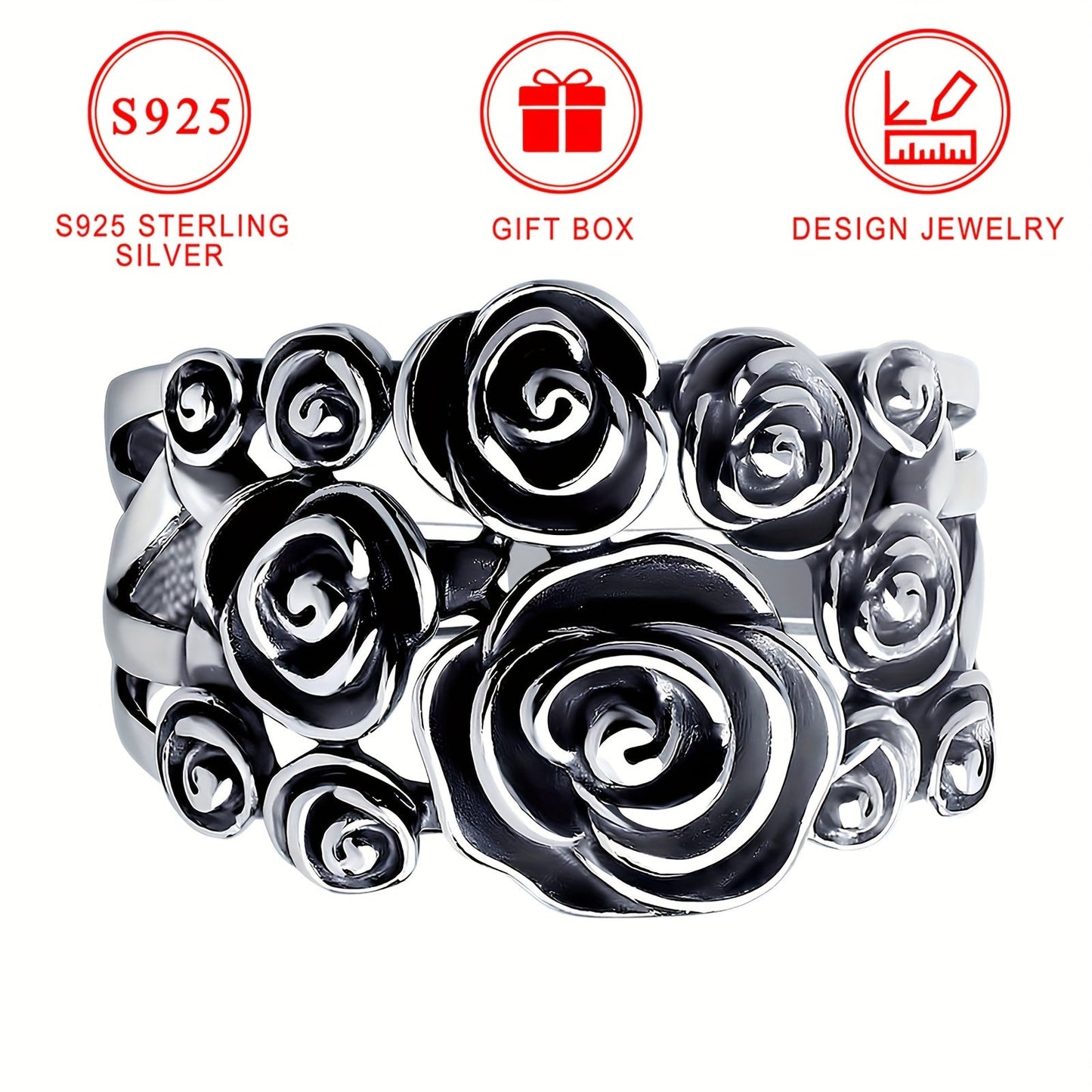 Hollow Rose Flower Ring: A vintage Bohemian style three-dimensional flower ring made of 925 sterling silver, perfect for daily wear or special occasions. Comes with a gift box, making it an ideal holiday gift.