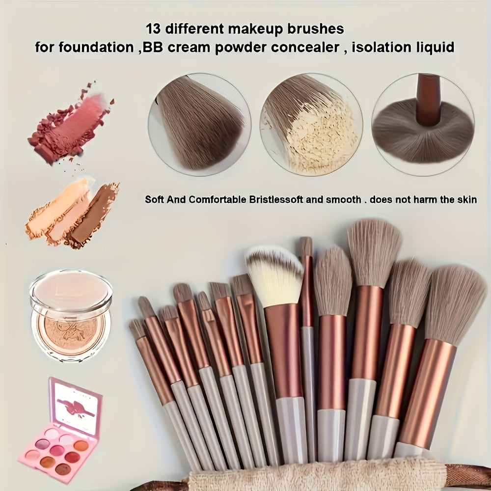 13-piece professional makeup brush set with soft polyester bristles and hypoallergenic nylon bristles. Features ABS plastic handle and is fragrance-free. Suitable for all skin types.