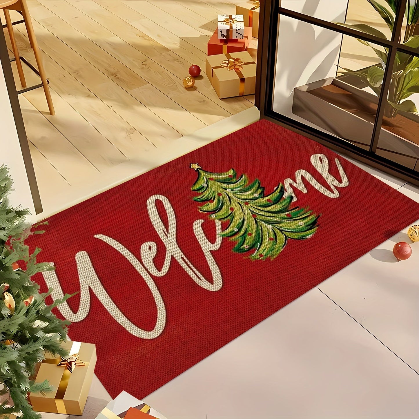 Get into the holiday spirit with our Christmas-themed doormat! Made from red polyester knit fabric, this machine-washable mat is non-slip, stain-resistant, and features medium pile with floral and striped patterns. It is quick-drying, waterproof